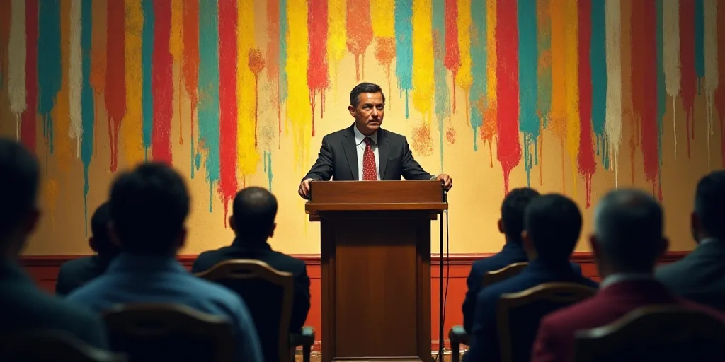 a man standing at a podium giving a speech to a group of people sitting in chairs behind him and a w