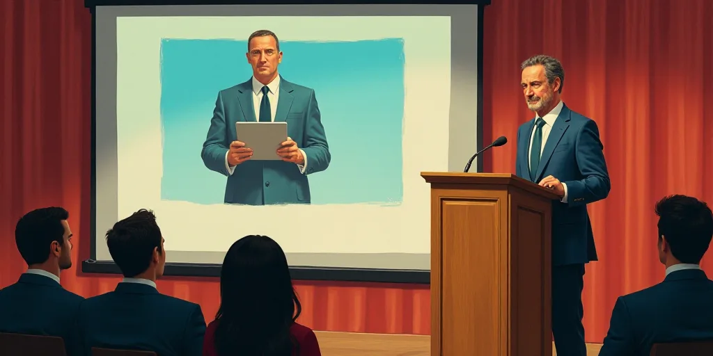 a man standing at a podium in front of a projection screen with a picture of a man holding a laptop,