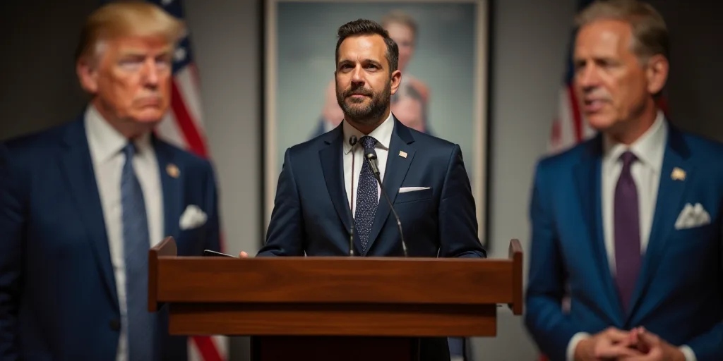 a man standing at a podium in front of a poster of a man in a suit and tie with a microphone, Brian