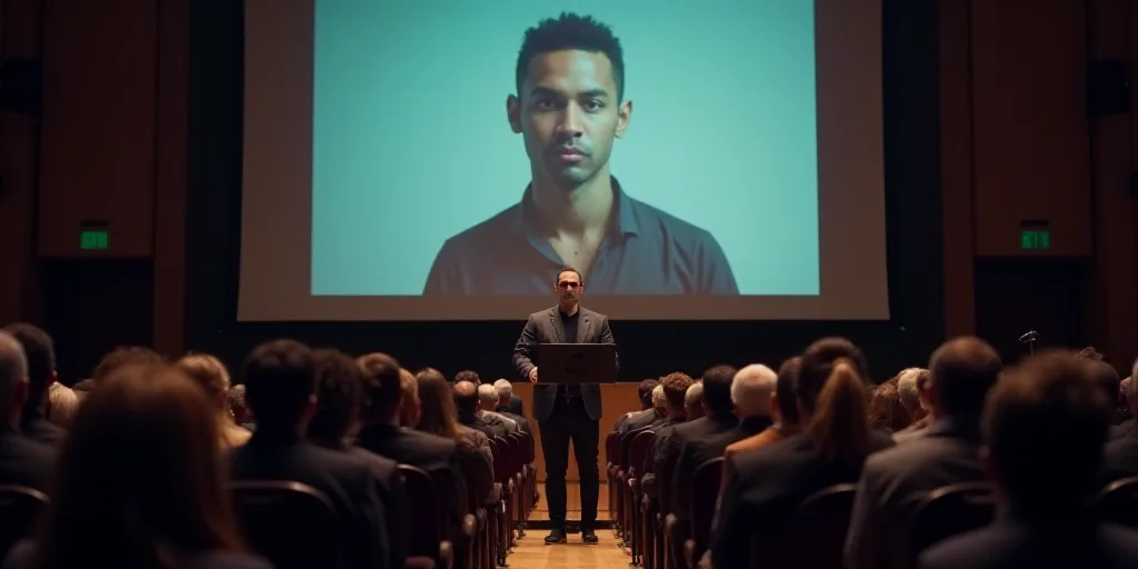 a man standing at a podium in front of a crowd of people in front of a large screen with a picture o