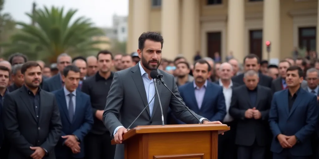 a man standing at a podium in front of a crowd of people in front of a building with a microphone, B