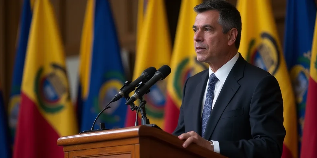 a man standing at a podium with a microphone in front of him and flags behind him in the background,