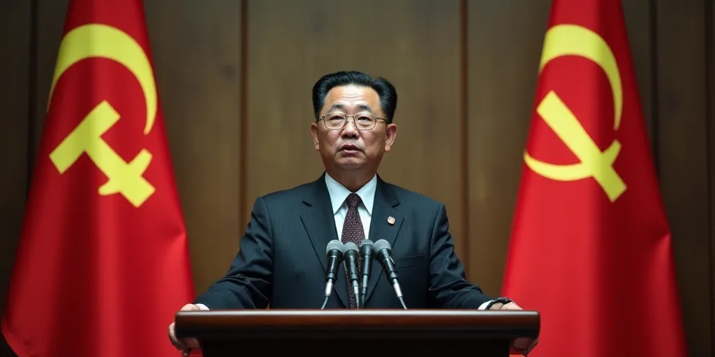 a man standing at a podium with microphones in front of two flags and a microphone in front of him,