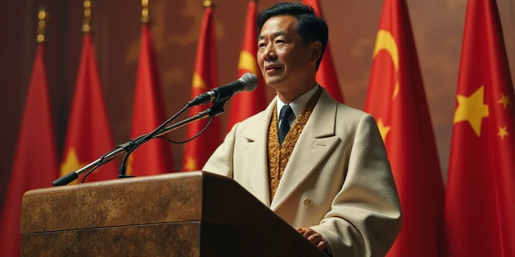 a man standing at a podium with flags behind him and a microphone in front of him with a microphone
