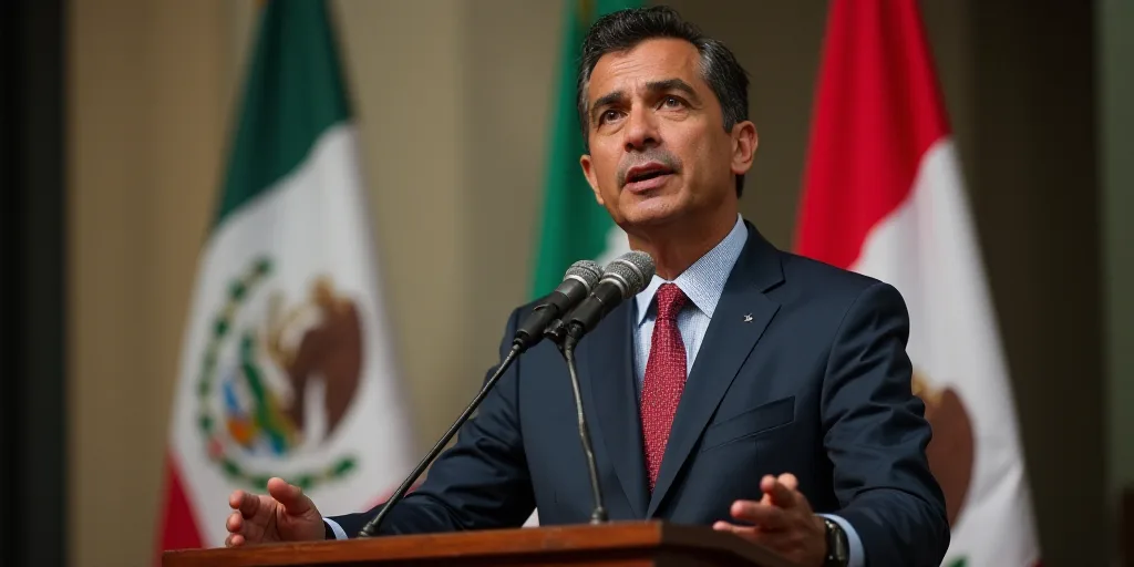 a man standing at a podium with a microphone in front of him and a mexican flag behind him and a sig