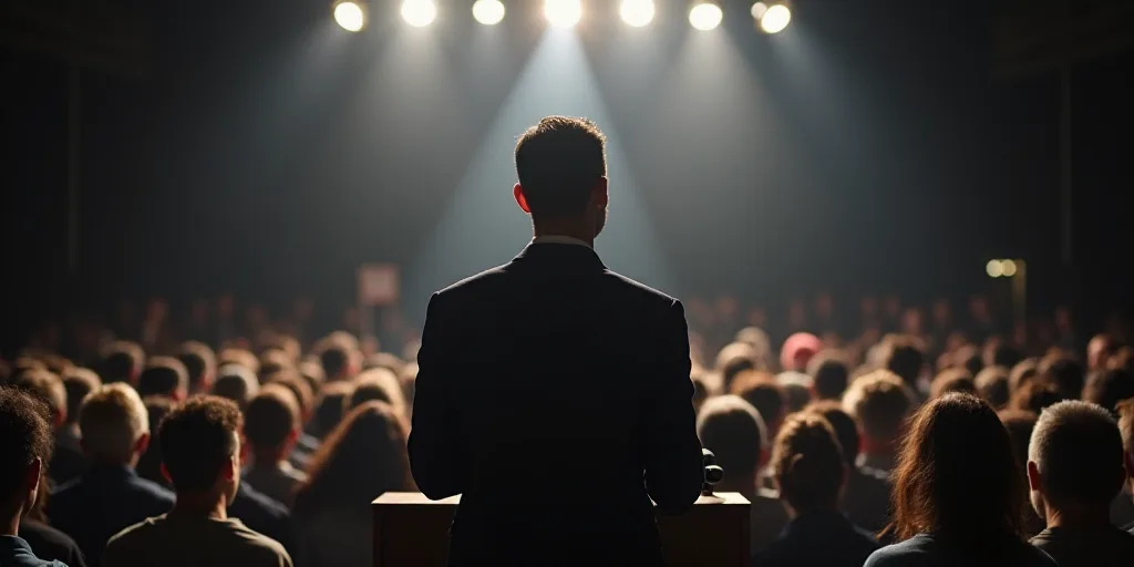 a man standing at a podium with a microphone in front of him and a crowd of people sitting around hi