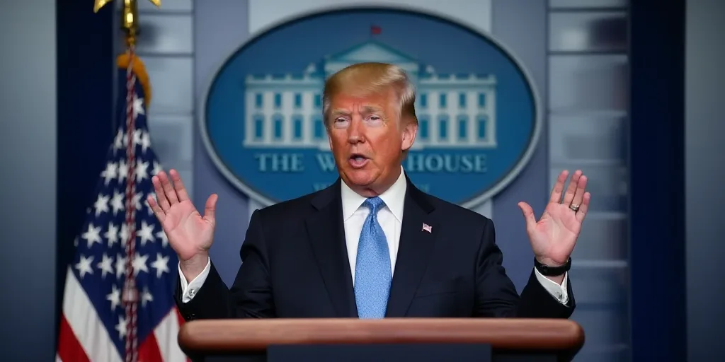 a man standing at a podium with his hands raised in front of him and a white house sign behind him,