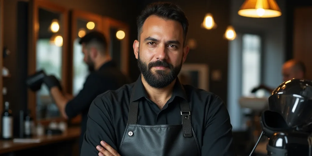 a man standing in a barber shop with a black apron on and a hair dryer in the background, Abidin Din