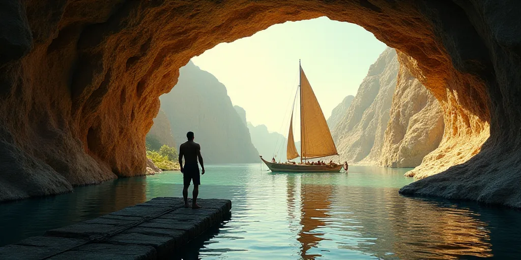 a man standing in a cave looking at a boat in the water and a man standing on a raft, Avgust Černig