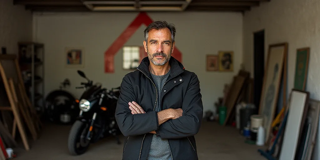 a man standing in a garage with his arms crossed and a motorcycle in the background with a red arrow
