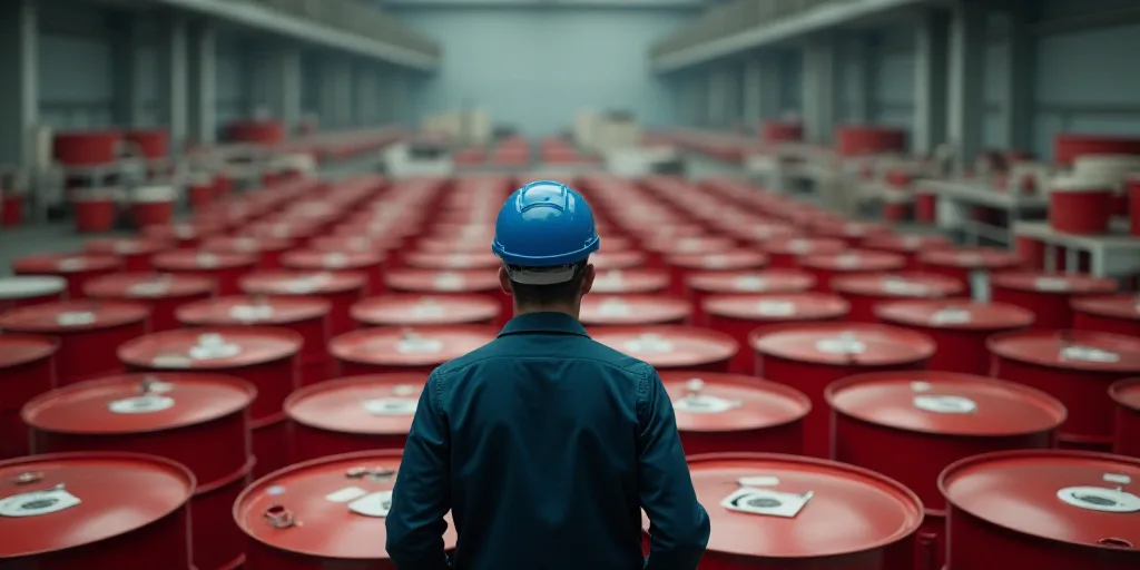 a man standing in a large room filled with red and white barrels with a blue helmet on top of them,