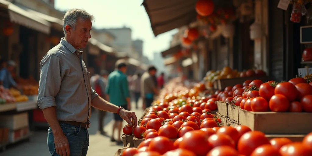 a man standing in a market with boxes of tomatoes in front of him and people looking at them in the