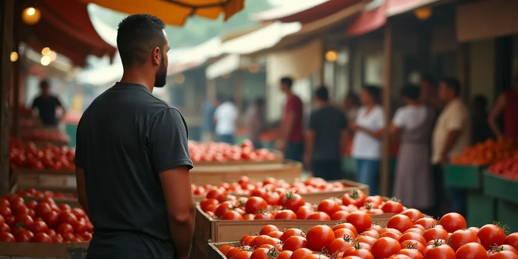 a man standing in a market with boxes of tomatoes in front of him and people looking at them in the