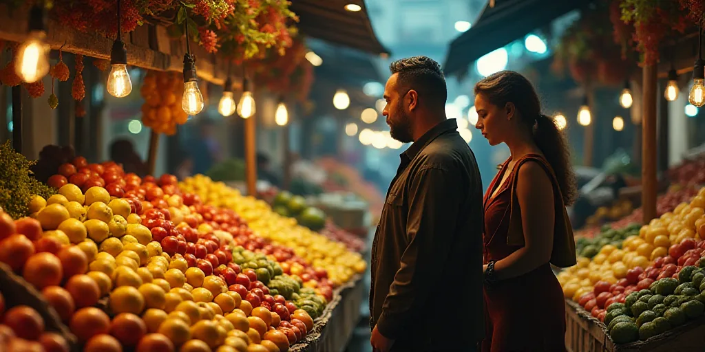 a man standing in a market with a lot of fruit on display in front of him and a woman standing next