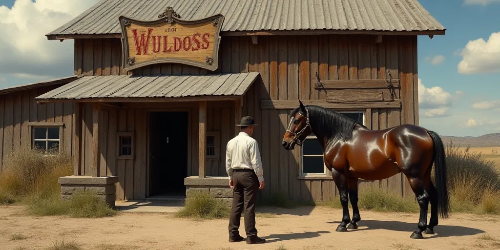 a man standing in front of a building with a horse on it's side and a sign on the side of the buildi