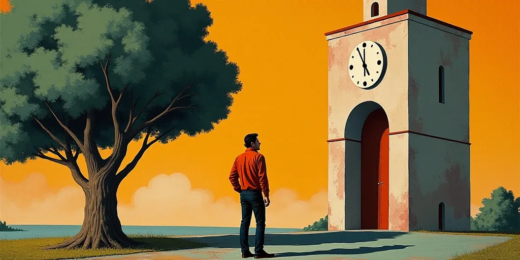 a man standing in front of a building with a clock on it's face and a tree in front of it, David Alf