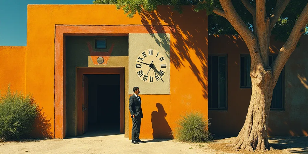 a man standing in front of a building with a clock on it's face and a tree in front of it, David Alf