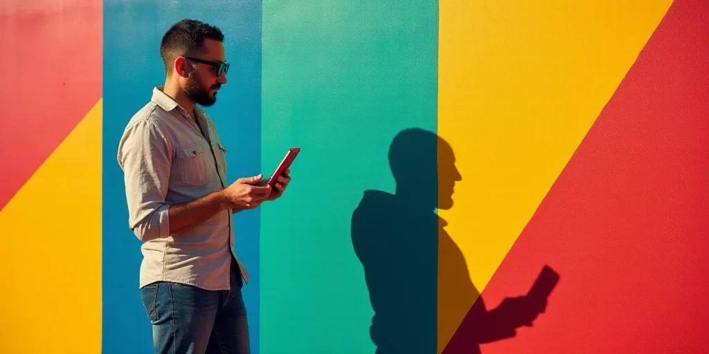 a man standing in front of a colorful wall using a cell phone in his hand and looking at his phone,