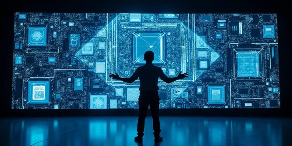 a man standing in front of a display of computer components on a stage with his hands out and his ar