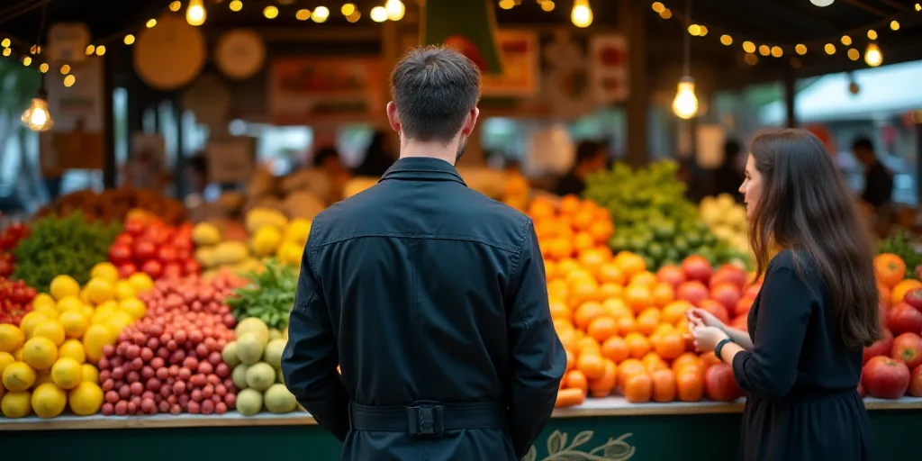 a man standing in front of a display of fruits and vegetables at a market stall with a woman looking