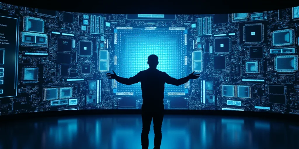 a man standing in front of a display of computer components on a stage with his hands out and his ar