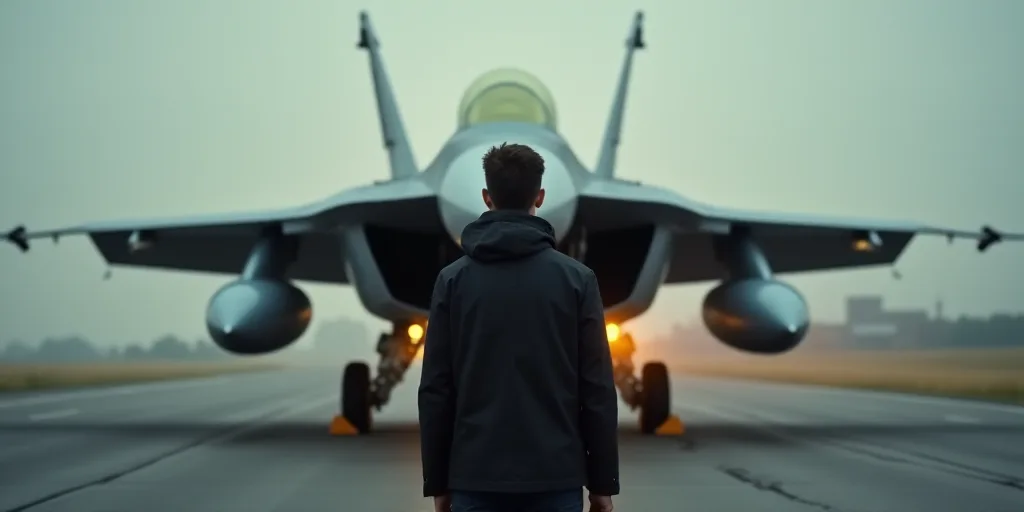 a man standing in front of a fighter jet on a runway with a yellow light on it's nose, Edo Murtić,