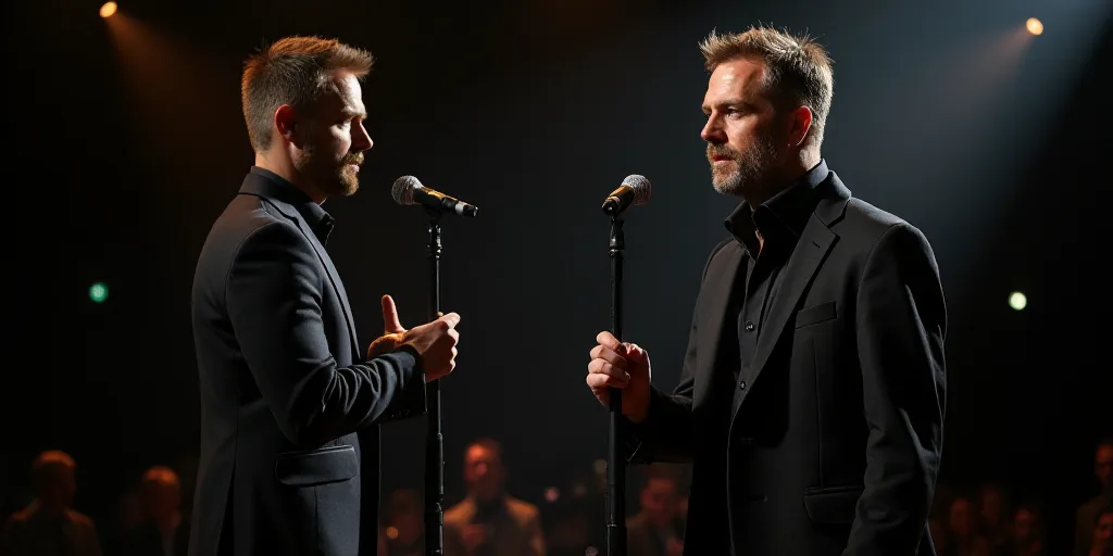 a man standing in front of a microphone on stage with a microphone in his hand and a man standing be