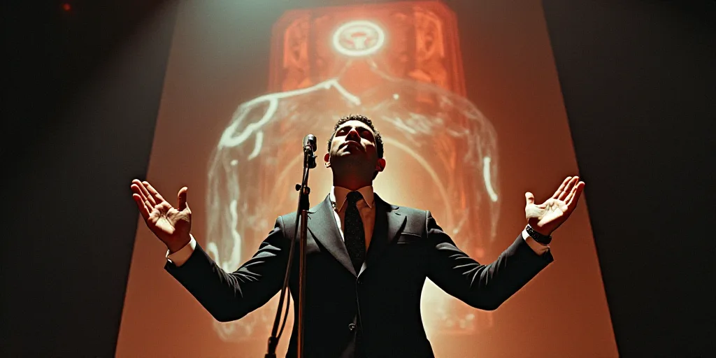 a man standing in front of a microphone with his hands up in front of him and a number sign behind h