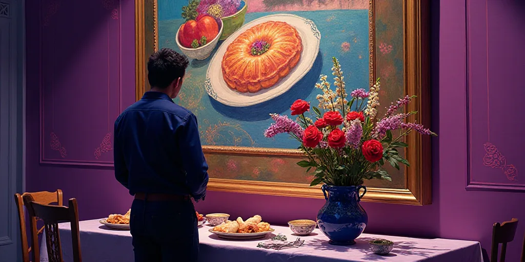 a man standing in front of a painting of food and a vase of flowers on a table with a purple light,