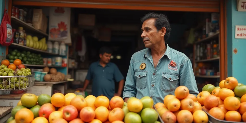 a man standing in front of a store with a bunch of fruit in front of him and a man behind him, Bikas