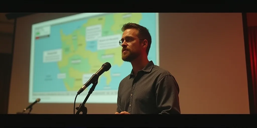 a man standing in front of a sign with a microphone in his hand and a map of the country behind him,