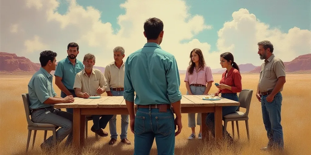 a man standing in front of a table with a group of people standing around it talking to each other,