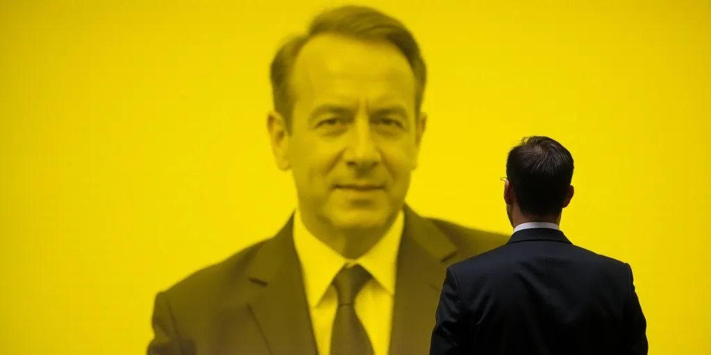 a man standing in front of a yellow background with a picture of a man in the background and words t