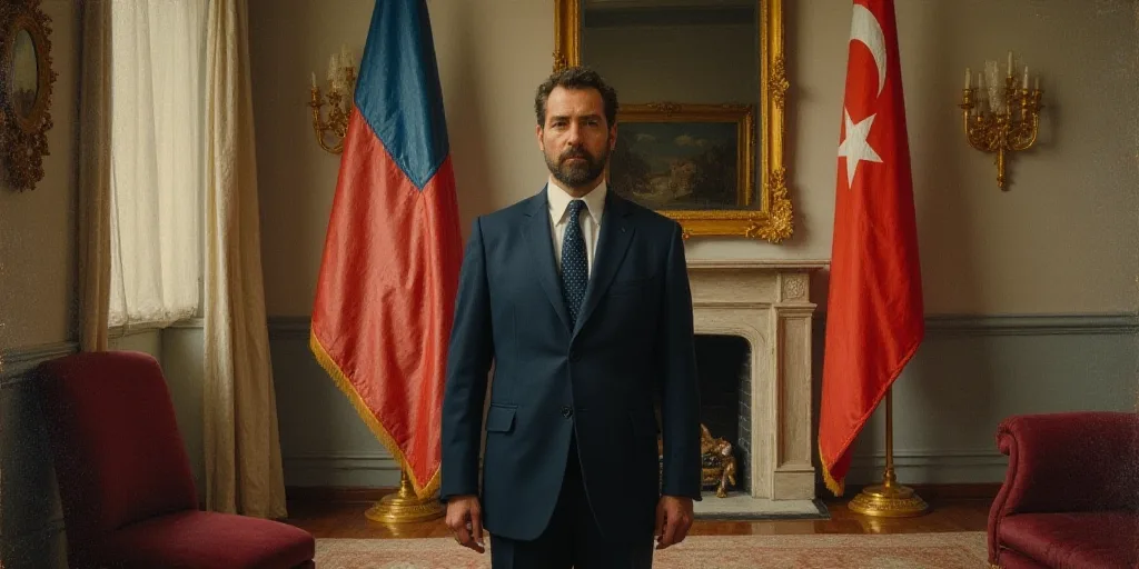 a man standing in front of two flags in a room with a mirror and a fireplace in the background, Agus