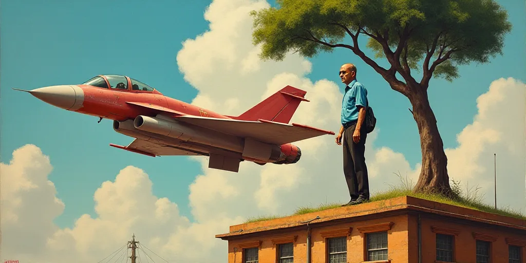 a man standing next to a fighter jet on top of a building next to a tree and a man in a blue shirt,
