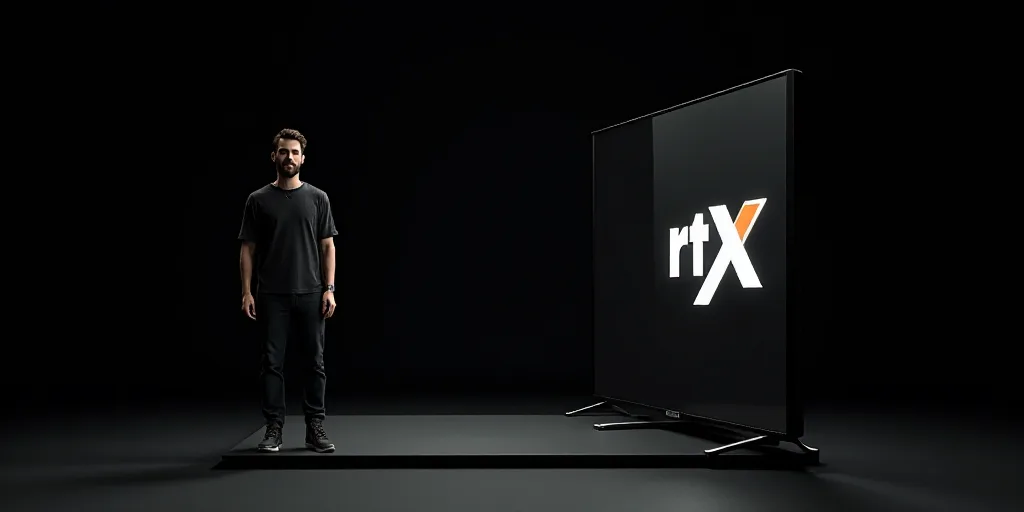 a man standing next to a large tv screen with a logo on it's side and a black background, Andries St