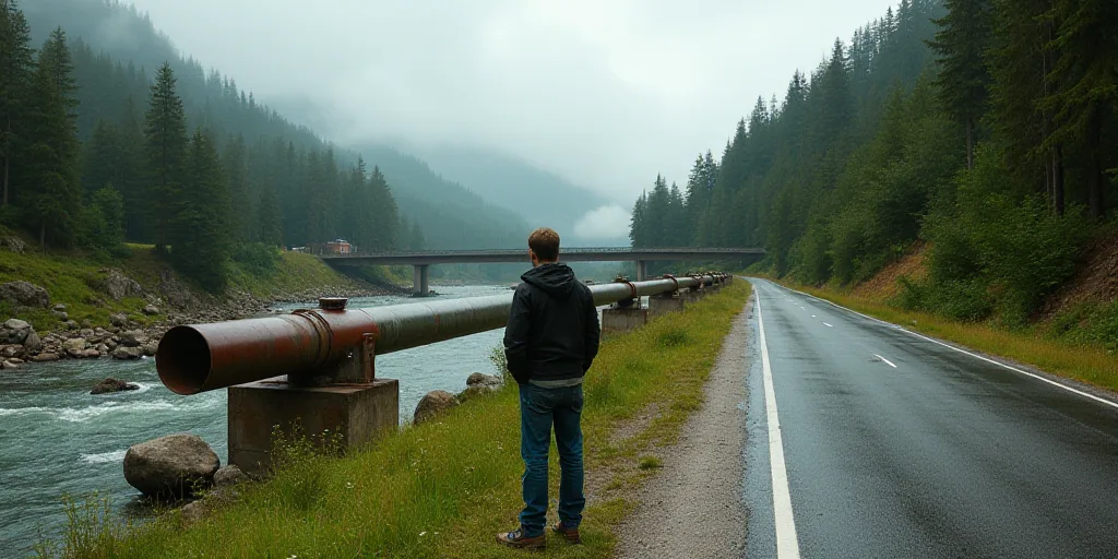 a man standing next to a large pipe on a road near a river and a forest area with a bridge, Ceferí