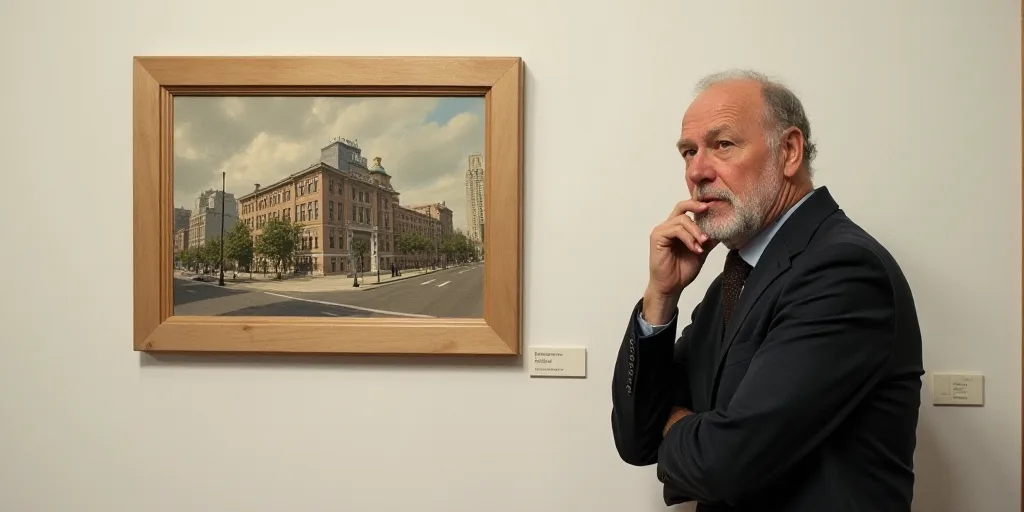 a man standing next to a picture of a building on a wall with his hand on his chin and a framed pict
