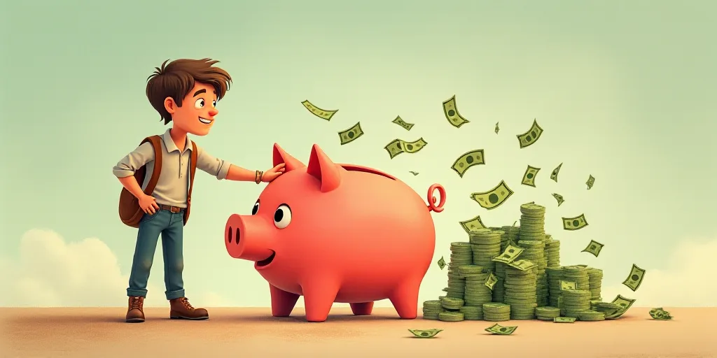 a man standing next to a piggy bank with money coming out of it and another man standing next to it,