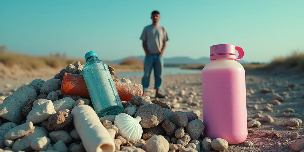 a man standing next to a pile of trash and a bottle of water and a pink and blue water bottle, Aquir