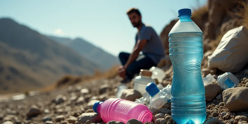a man standing next to a pile of trash and a bottle of water and a pink and blue water bottle, Aquir