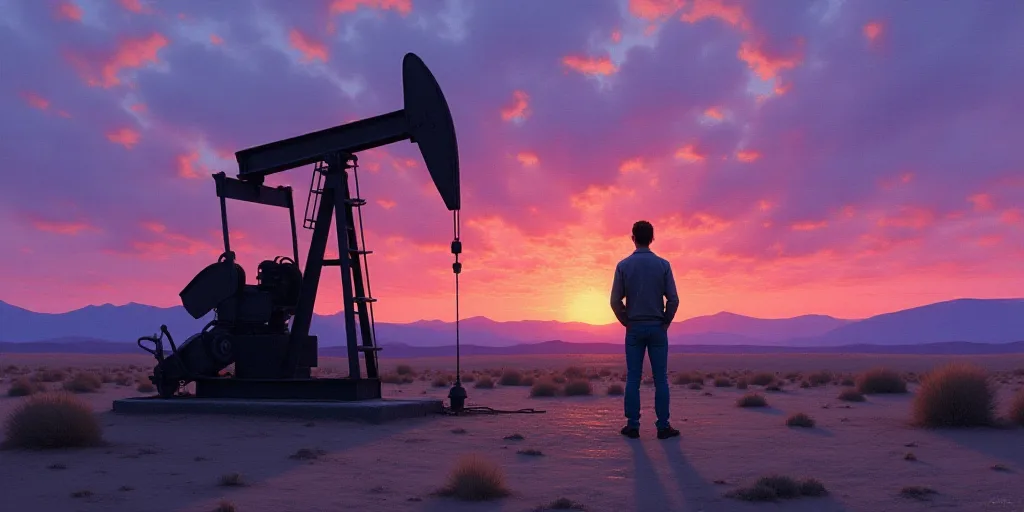 a man standing next to a pump in the desert at sunset with a purple sky behind him and a purple and