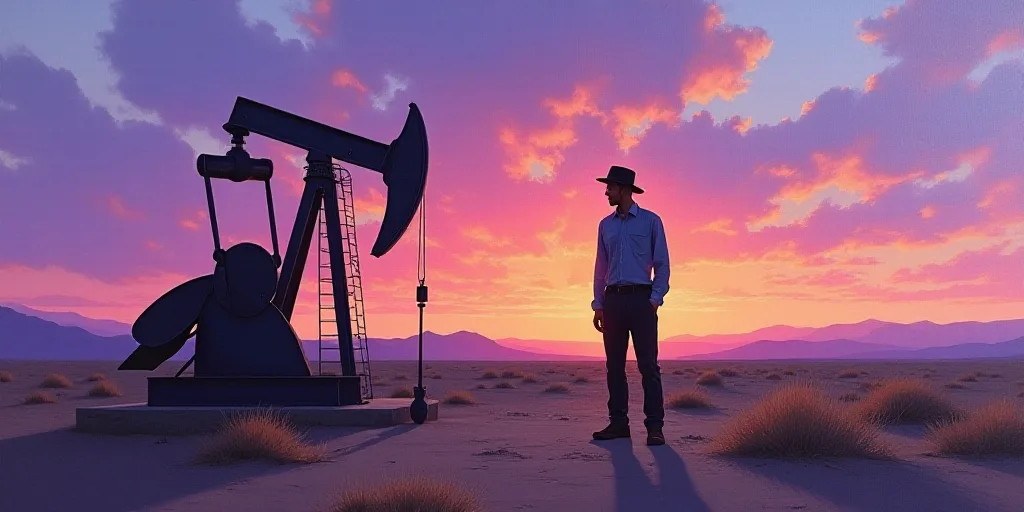 a man standing next to a pump in the desert at sunset with a purple sky behind him and a purple and