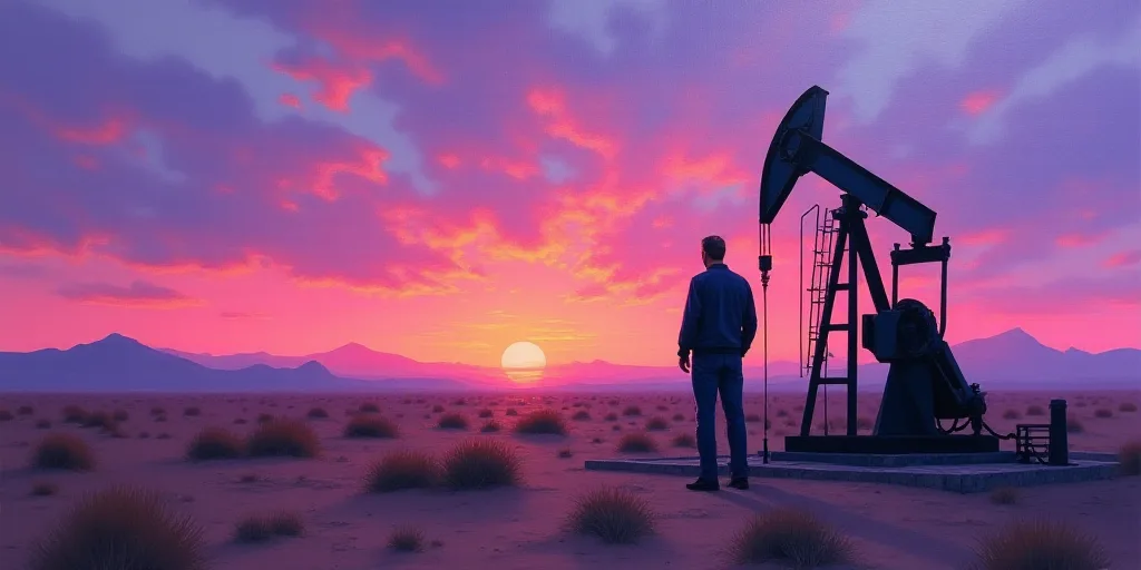 a man standing next to a pump in the desert at sunset with a purple sky behind him and a purple and