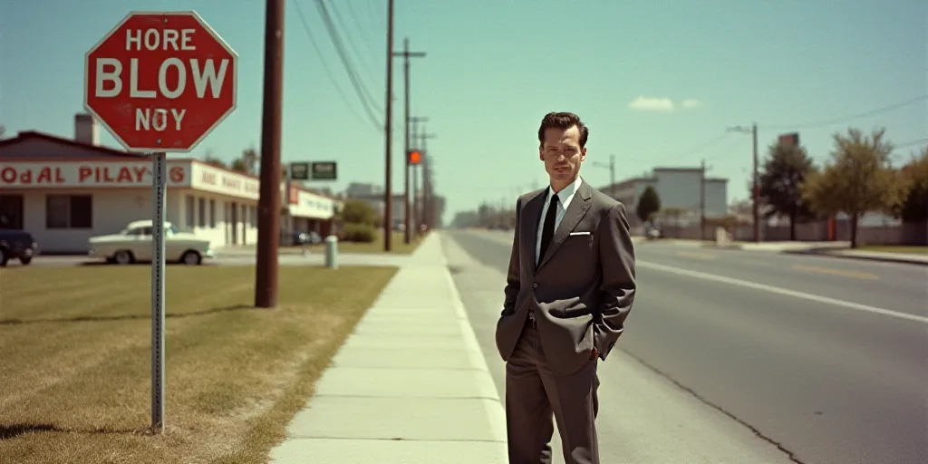 a man standing next to a sign on a sidewalk near a street with a building in the background and a sk