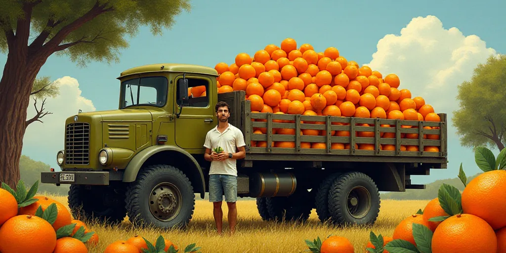 a man standing next to a truck full of oranges in a field of trees and grass, with a large amount of