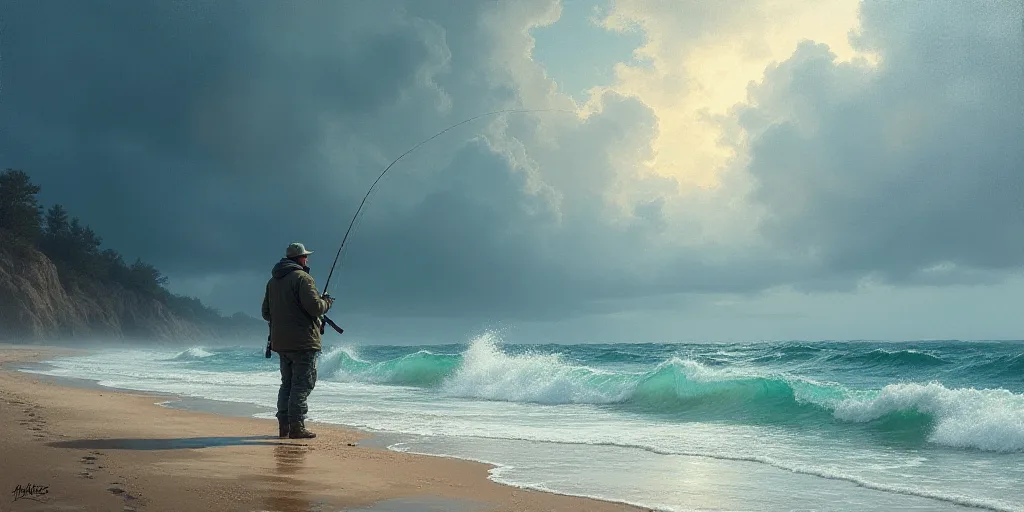 a man standing on a beach holding a fishing pole and a fishing pole in his hand while fishing in the