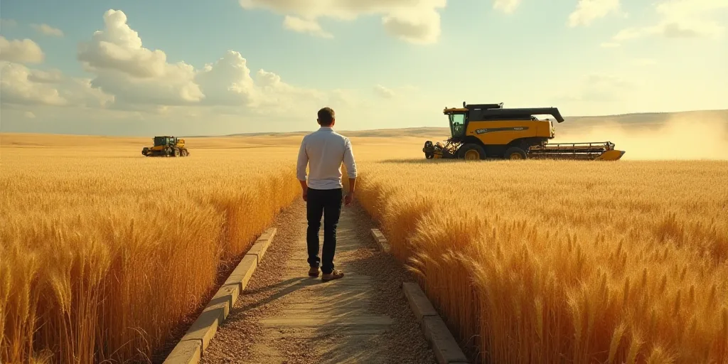 a man standing on a bridge over a field of grain next to a tractor and a combine truck in the distan