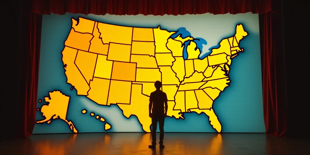 a man standing on a stage with a map of the united states on it's wall and a map of beer on the wall