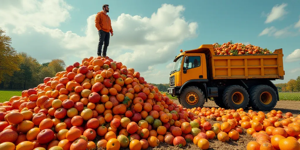 a man standing on top of a large pile of fruit next to a dump truck filled with apples and oranges,